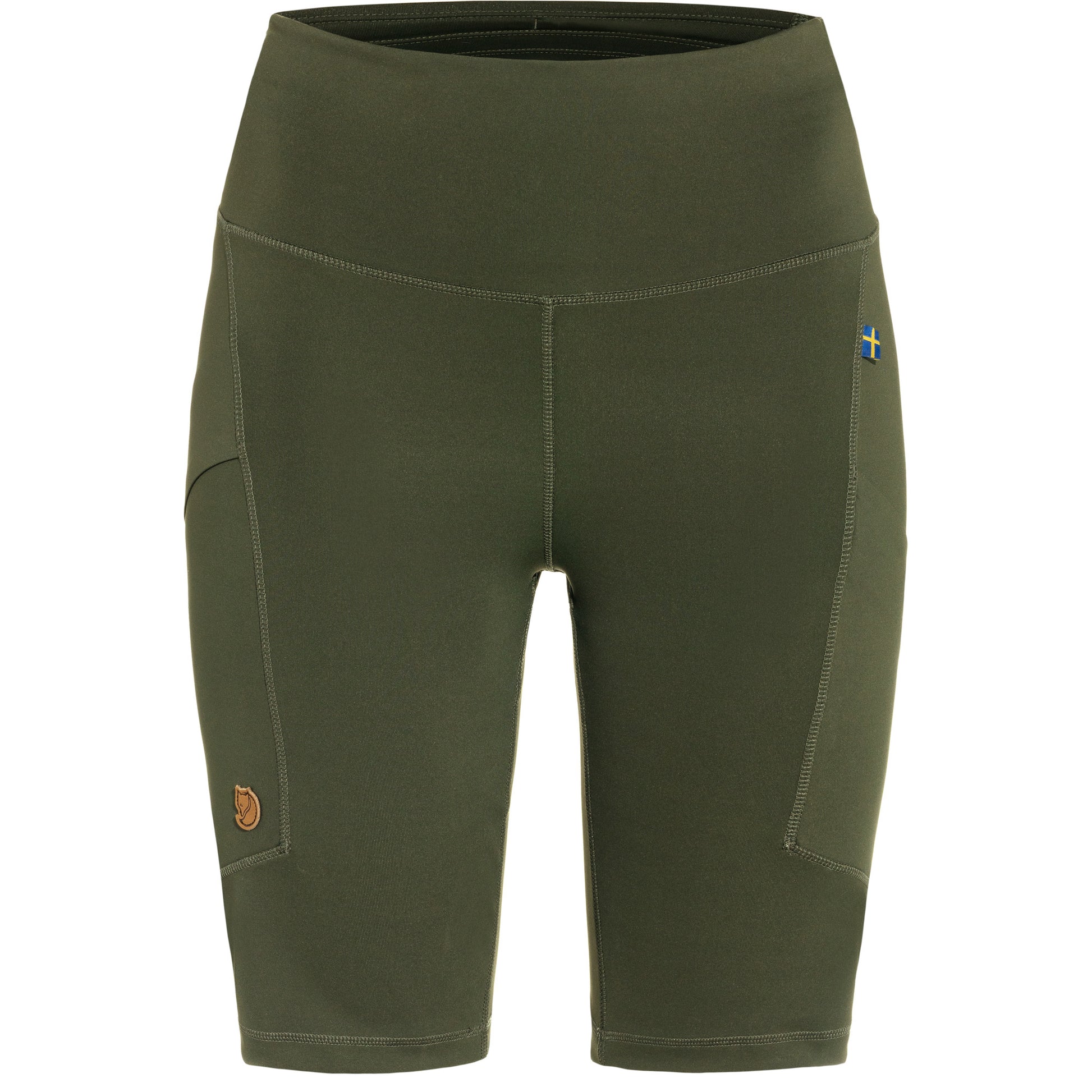 Green shorts with brand logo on a white background