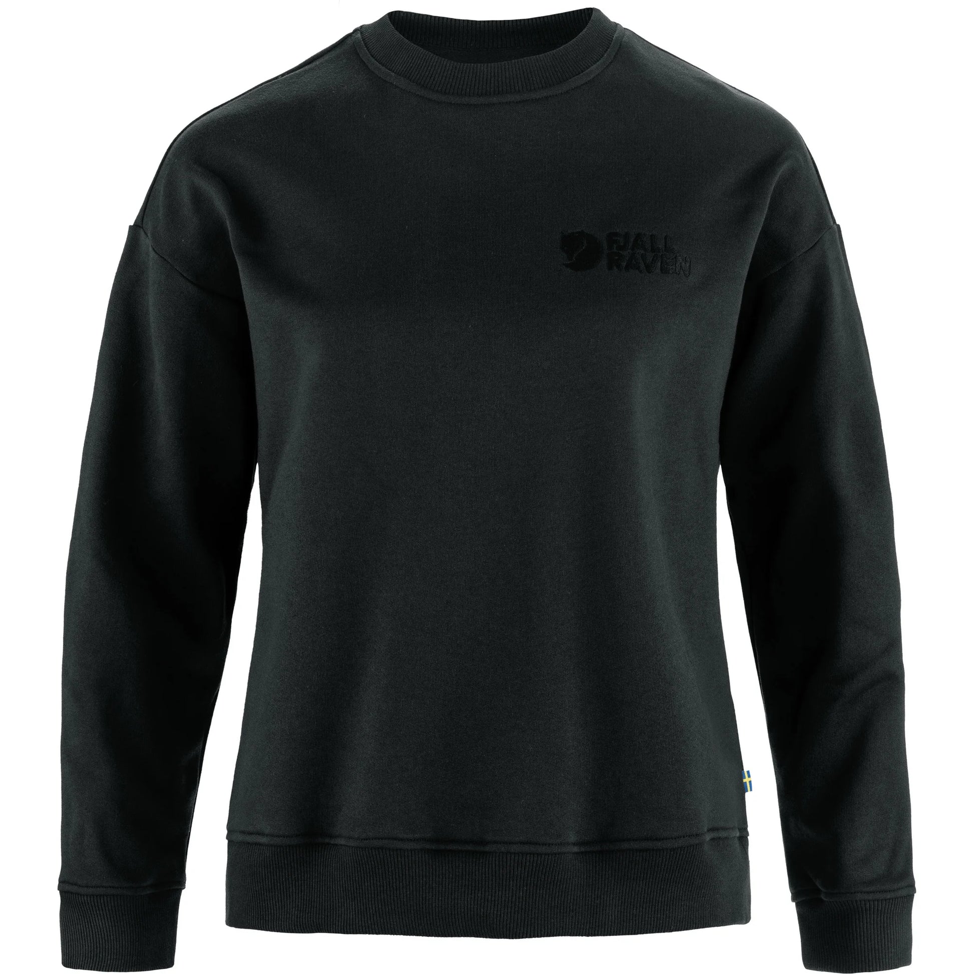 Black sweatshirt with a logo on the chest against a white background