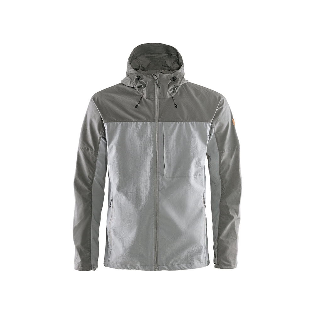 A gray Abisko Midsummer Jacket with a hood, designed for men, displayed against a white background.