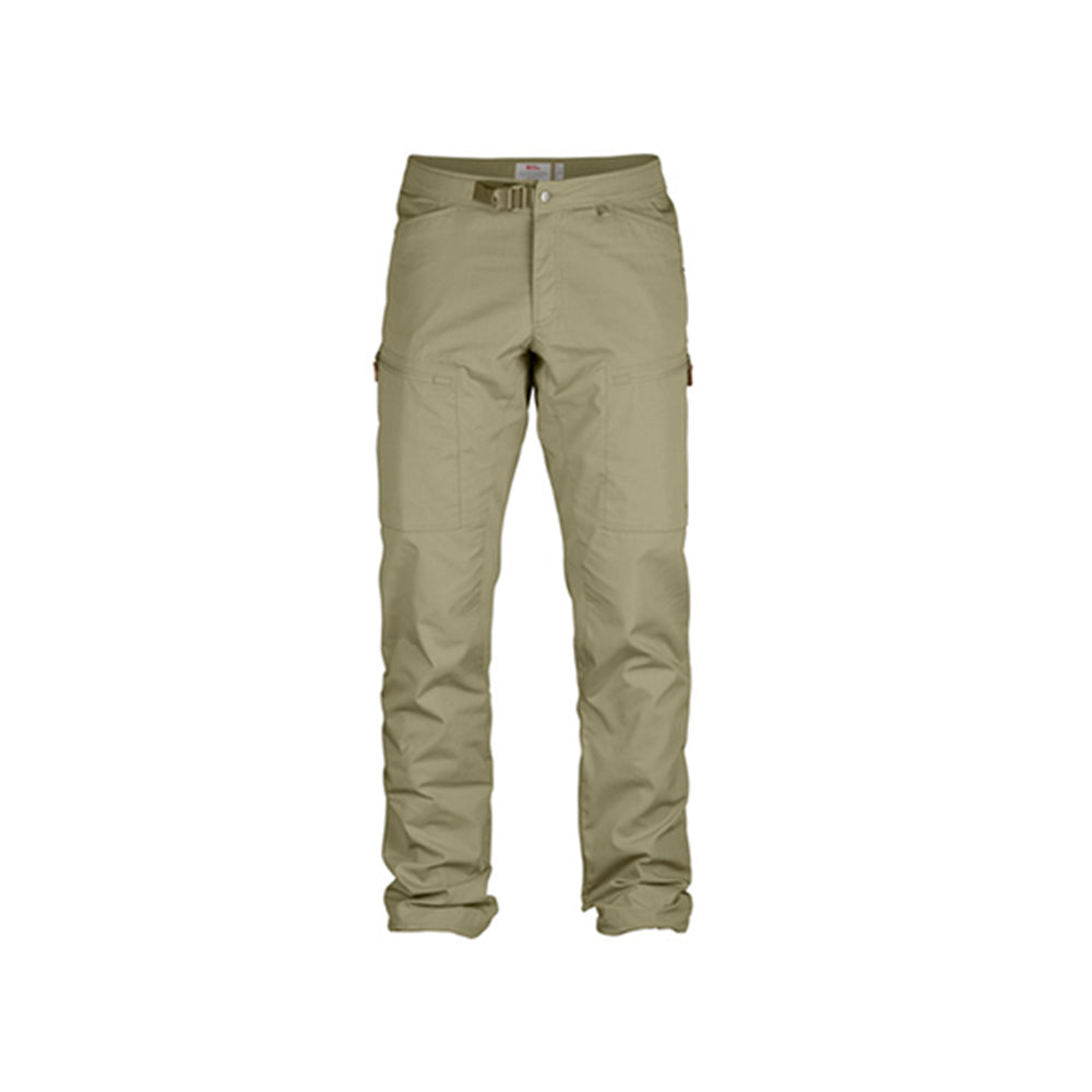 A pair of beige, lightweight outdoor trousers with a textile belt.